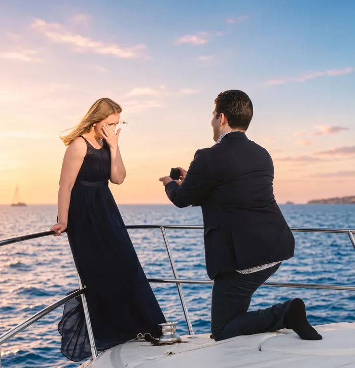 Ein Heiratsantrag am Bug bei Sonnenuntergang, dahinter das Meer